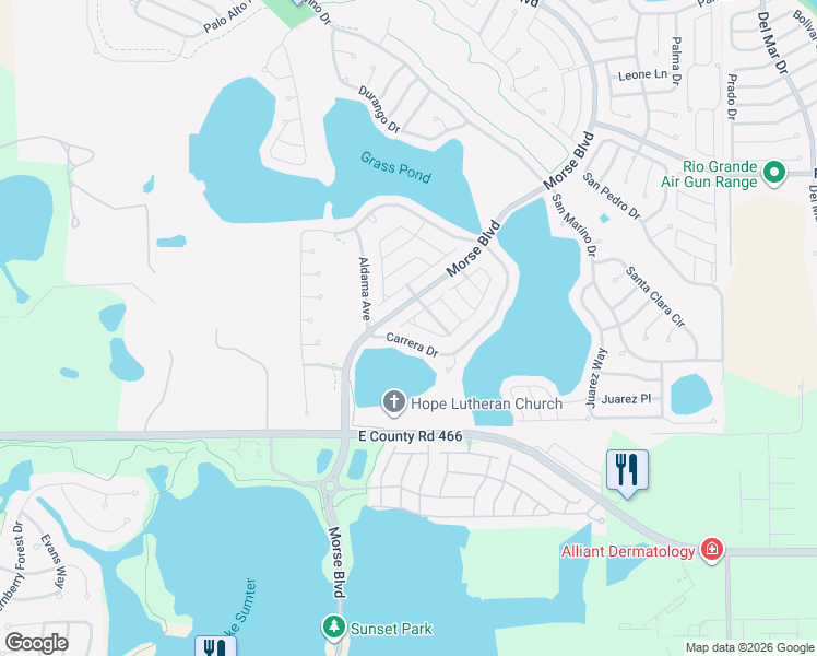 map of restaurants, bars, coffee shops, grocery stores, and more near 1711 Carrera Drive in The Villages