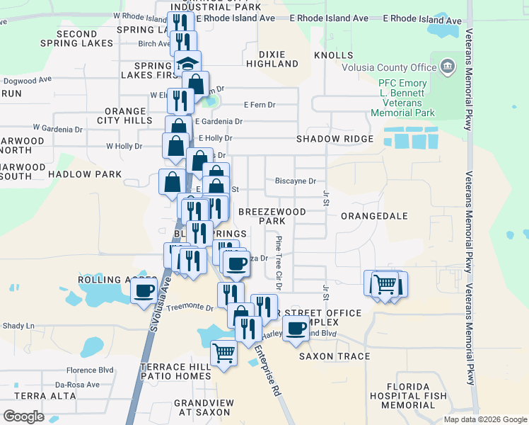 map of restaurants, bars, coffee shops, grocery stores, and more near 605 Poinsettia Drive in Orange City