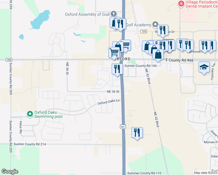 map of restaurants, bars, coffee shops, grocery stores, and more near 11626 U.S. 301 in Oxford