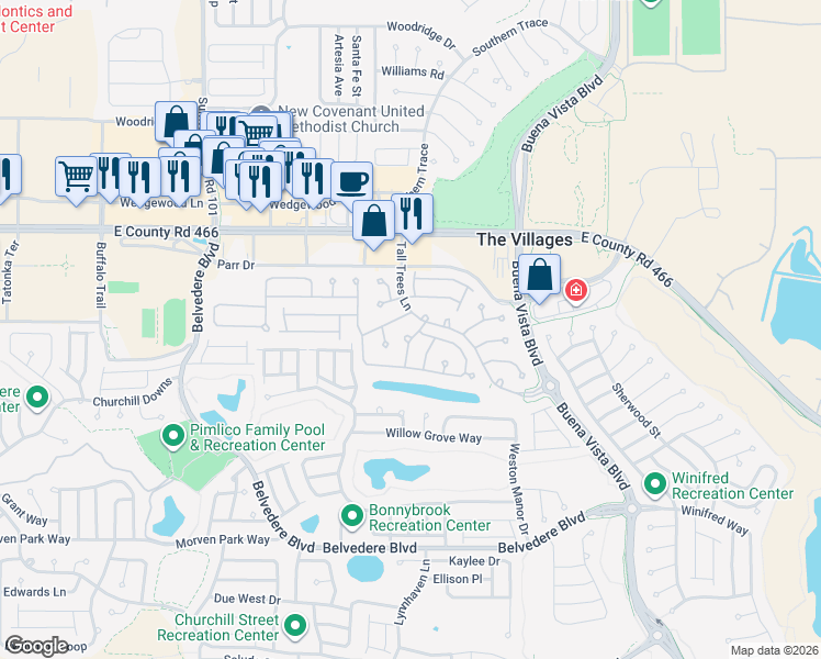 map of restaurants, bars, coffee shops, grocery stores, and more near 2181 Tall Trees Lane in The Villages