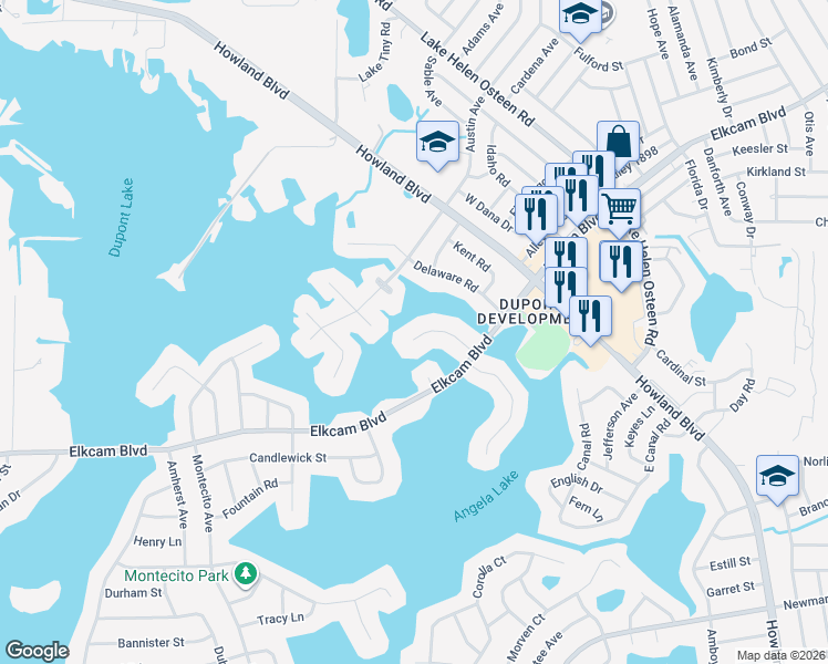 map of restaurants, bars, coffee shops, grocery stores, and more near 2612 Hibiscus Court in Deltona