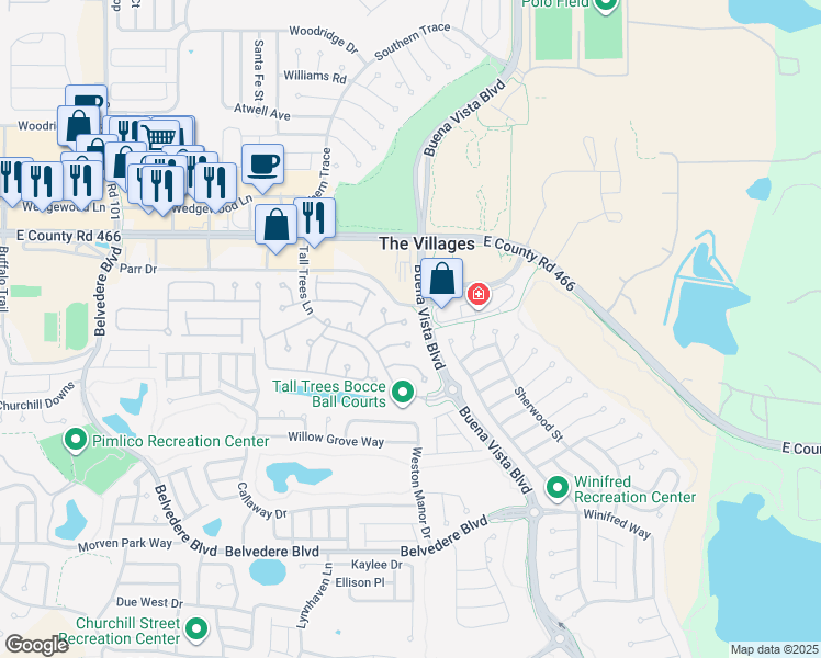 map of restaurants, bars, coffee shops, grocery stores, and more near 367 McCormick Lane in The Villages