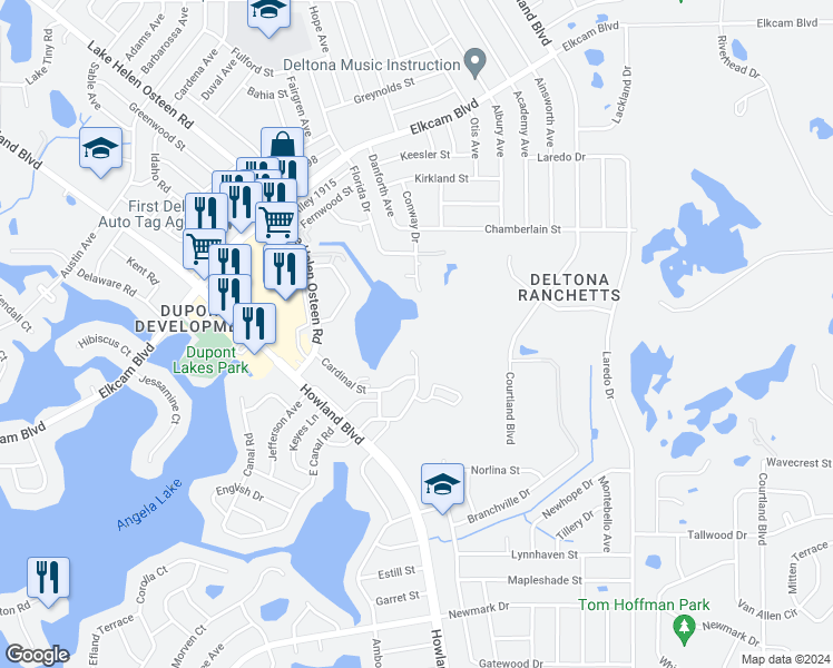 map of restaurants, bars, coffee shops, grocery stores, and more near 2992 Day Road in Deltona