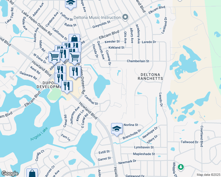 map of restaurants, bars, coffee shops, grocery stores, and more near 2992 Day Road in Deltona