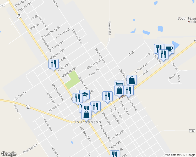 map of restaurants, bars, coffee shops, grocery stores, and more near 1105 Maple Street in Jourdanton