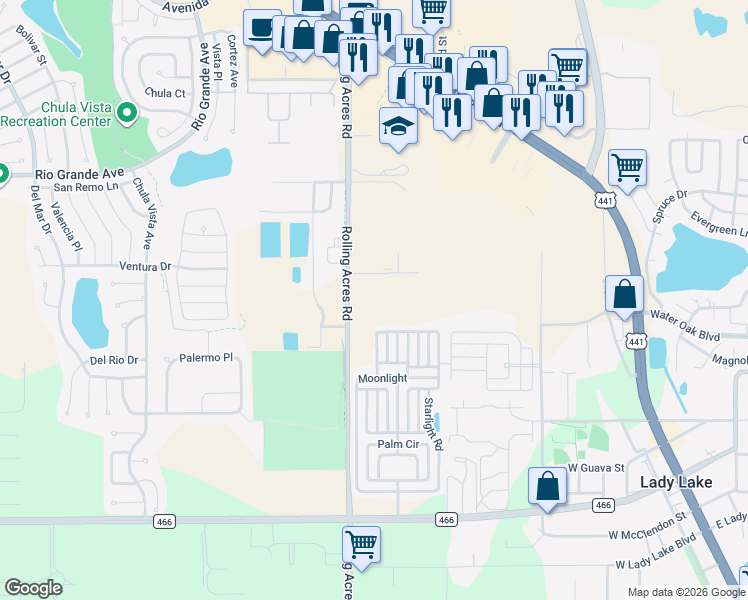 map of restaurants, bars, coffee shops, grocery stores, and more near 451 Rolling Acres Road in Lady Lake