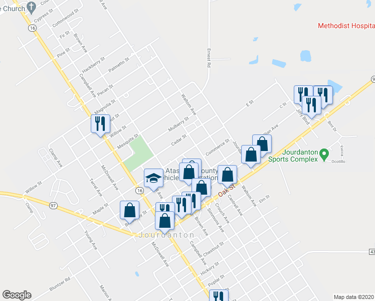 map of restaurants, bars, coffee shops, grocery stores, and more near 1117 Maple Street in Jourdanton