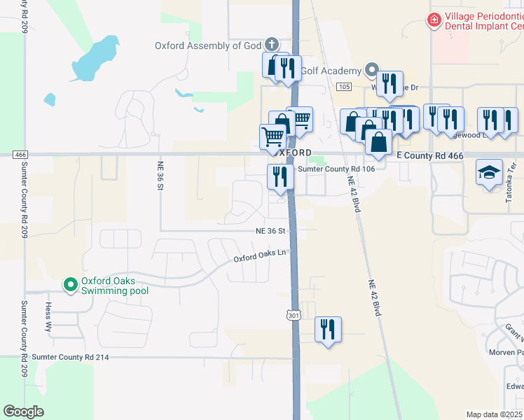 map of restaurants, bars, coffee shops, grocery stores, and more near 11626 U.S. 301 in Oxford
