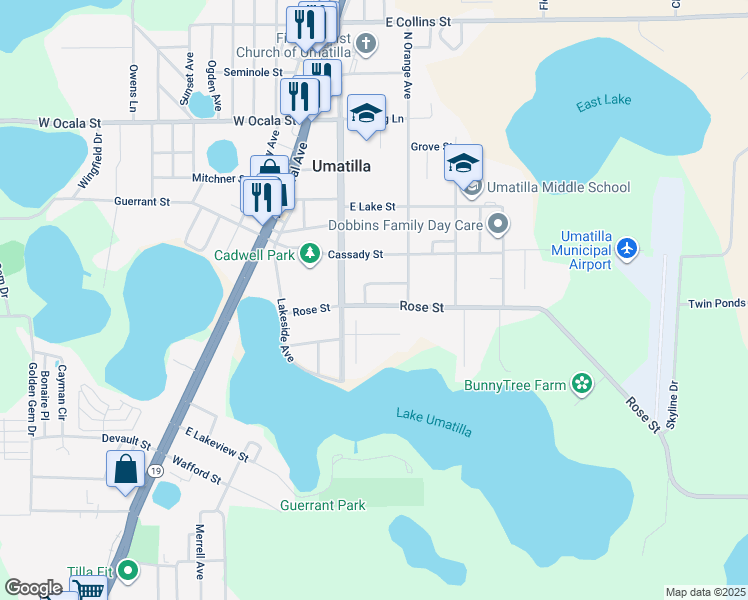 map of restaurants, bars, coffee shops, grocery stores, and more near 153 Rose Street in Umatilla