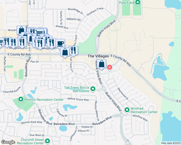 map of restaurants, bars, coffee shops, grocery stores, and more near 367 McCormick Lane in The Villages