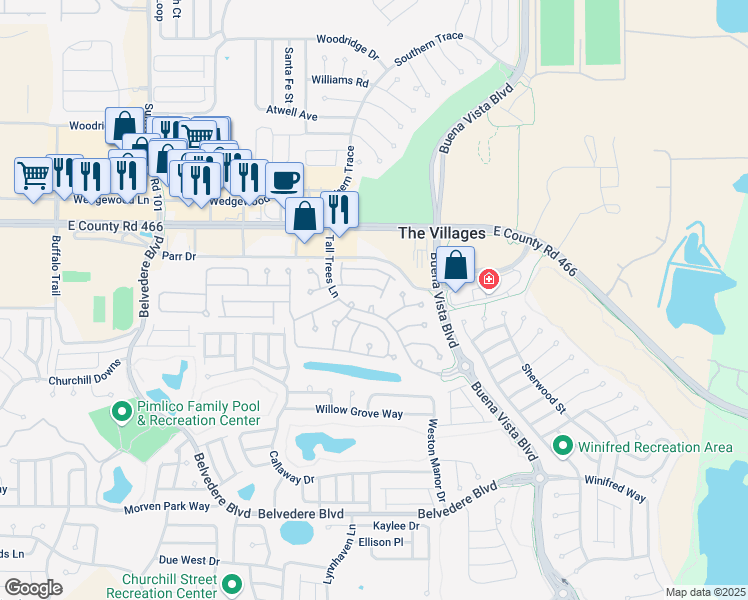 map of restaurants, bars, coffee shops, grocery stores, and more near 2151 Tall Trees Lane in The Villages