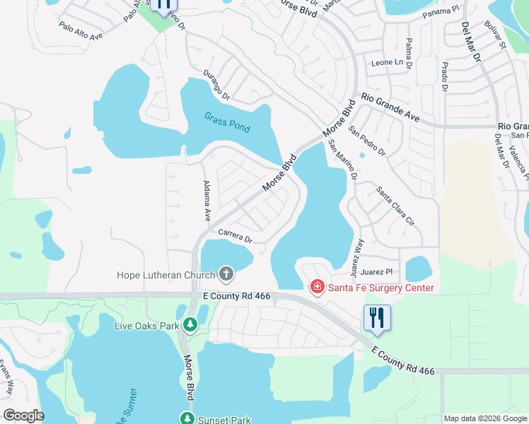 map of restaurants, bars, coffee shops, grocery stores, and more near 409 Duarte Lane in The Villages