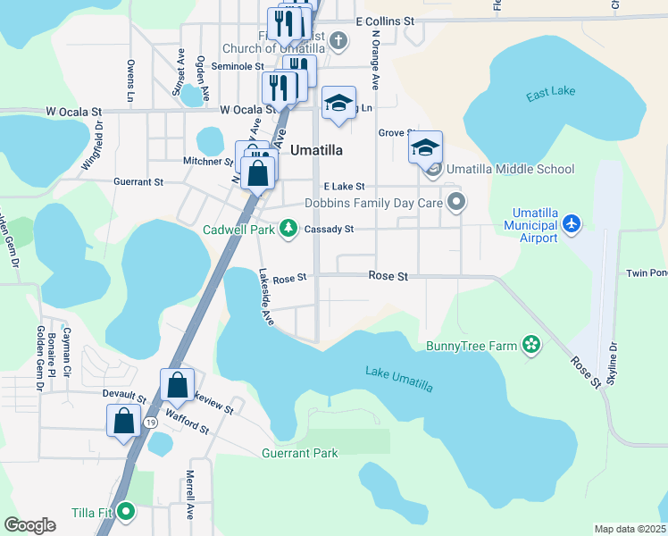 map of restaurants, bars, coffee shops, grocery stores, and more near 153 Rose Street in Umatilla