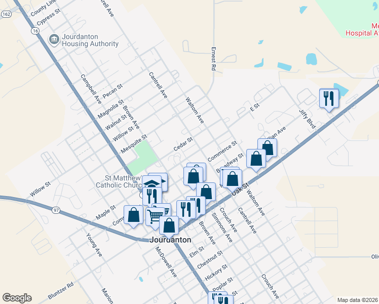 map of restaurants, bars, coffee shops, grocery stores, and more near 1109 Maple Street in Jourdanton