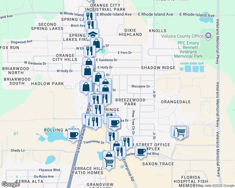 map of restaurants, bars, coffee shops, grocery stores, and more near 2315 Poinsettia Drive in Orange City