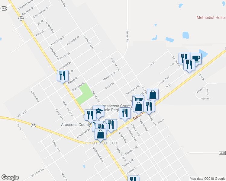 map of restaurants, bars, coffee shops, grocery stores, and more near 1111 Maple Street in Jourdanton