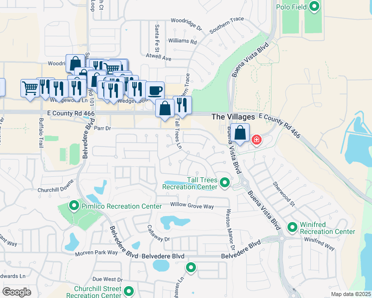 map of restaurants, bars, coffee shops, grocery stores, and more near 2181 Tall Trees Lane in The Villages