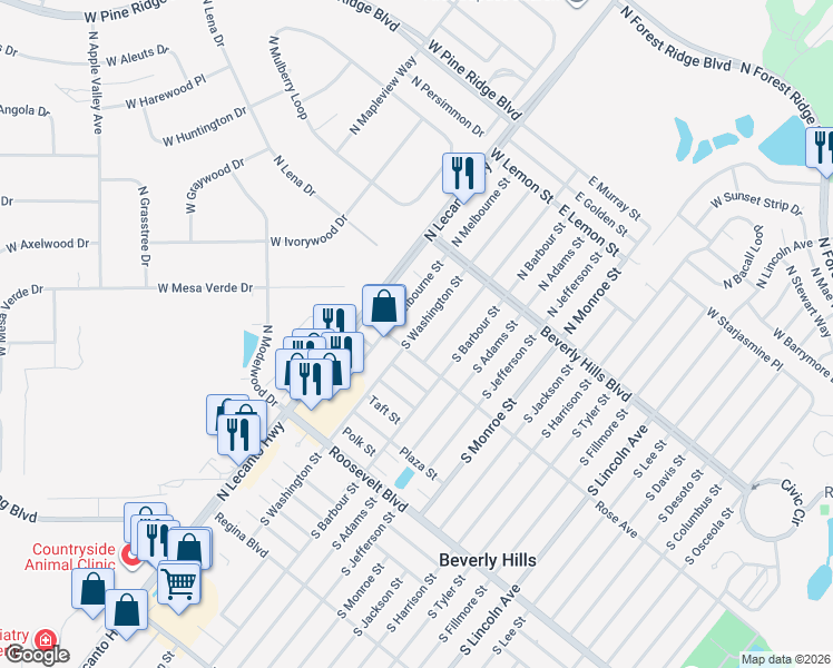 map of restaurants, bars, coffee shops, grocery stores, and more near 27 South Washington Street in Beverly Hills