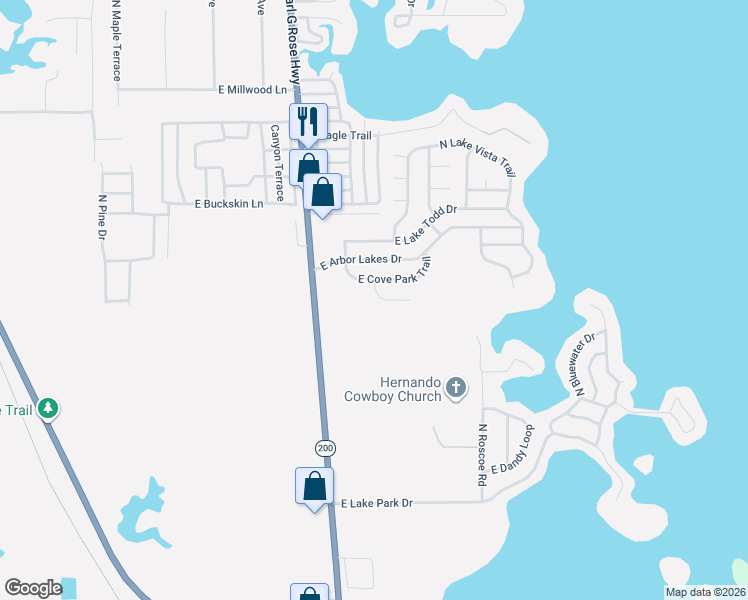 map of restaurants, bars, coffee shops, grocery stores, and more near 3640 East Hidden Cove Trail in Hernando