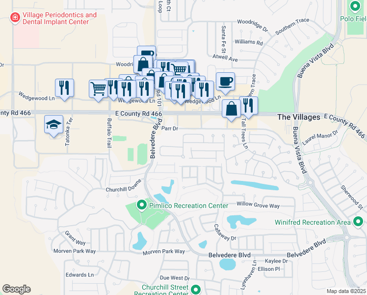 map of restaurants, bars, coffee shops, grocery stores, and more near 2400 Five Forks Trail in The Villages