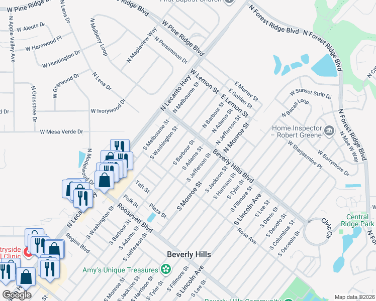 map of restaurants, bars, coffee shops, grocery stores, and more near 12 South Adams Street in Beverly Hills