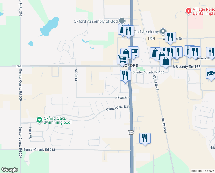 map of restaurants, bars, coffee shops, grocery stores, and more near 11626 U.S. 301 in Oxford