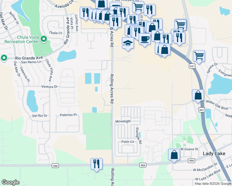 map of restaurants, bars, coffee shops, grocery stores, and more near 451 Rolling Acres Road in Lady Lake