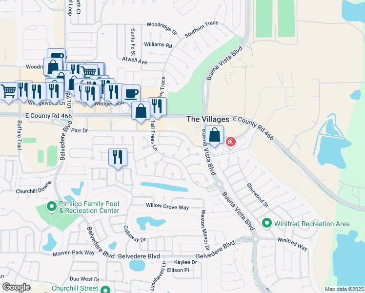 map of restaurants, bars, coffee shops, grocery stores, and more near 2151 Tall Trees Lane in The Villages