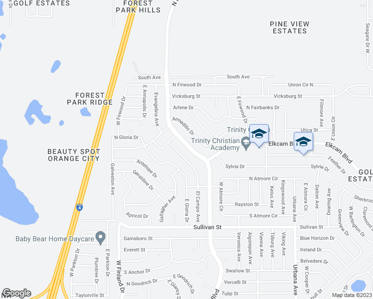 map of restaurants, bars, coffee shops, grocery stores, and more near 2170 North Normandy Boulevard in Deltona