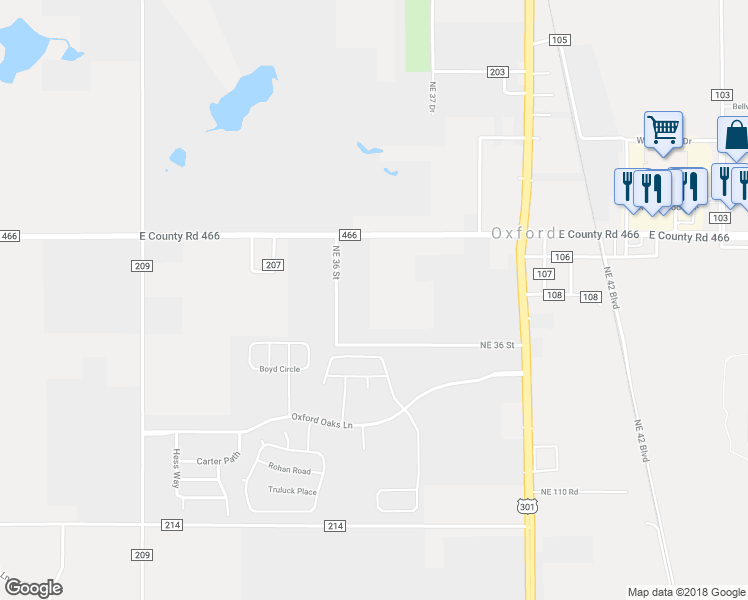 map of restaurants, bars, coffee shops, grocery stores, and more near 11618 Northeast 36 Street in Oxford