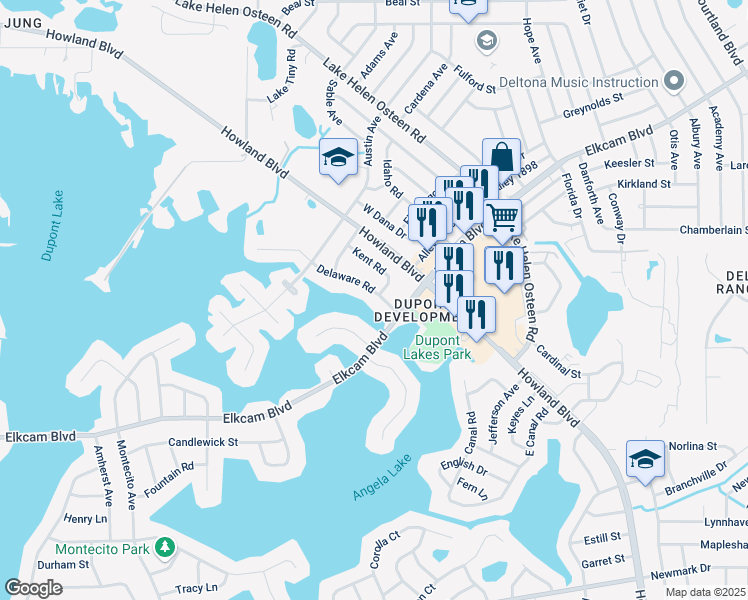 map of restaurants, bars, coffee shops, grocery stores, and more near 2663 Delaware Road in Deltona