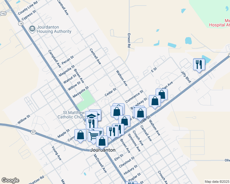 map of restaurants, bars, coffee shops, grocery stores, and more near 1118 Cedar Street in Jourdanton