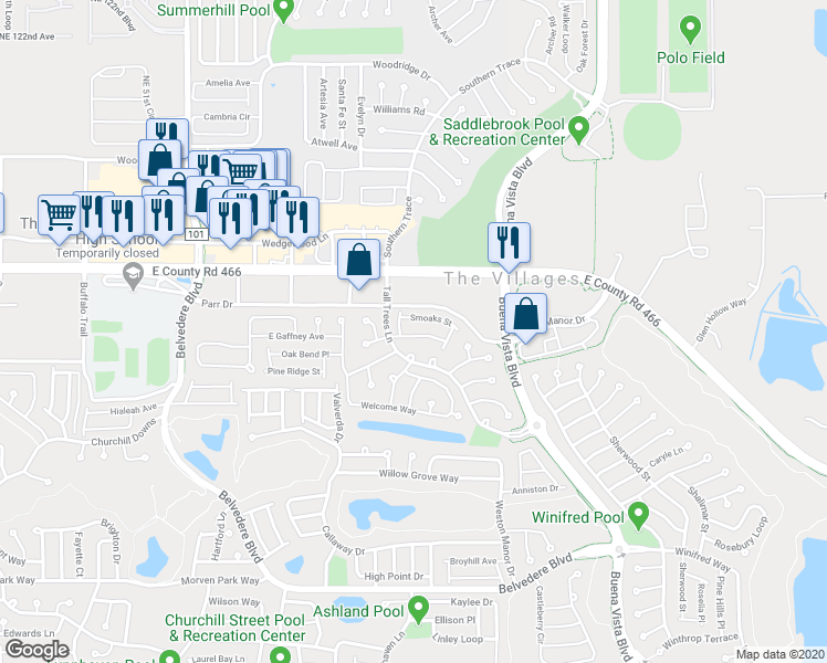 map of restaurants, bars, coffee shops, grocery stores, and more near 2171 Cherry Vale Place in The Villages