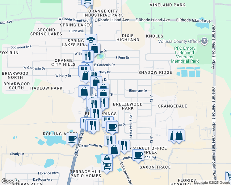 map of restaurants, bars, coffee shops, grocery stores, and more near 2315 Poinsettia Drive in Orange City