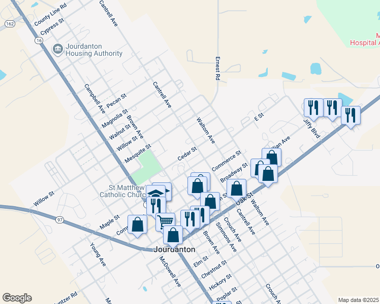 map of restaurants, bars, coffee shops, grocery stores, and more near 1114 Cedar Street in Jourdanton