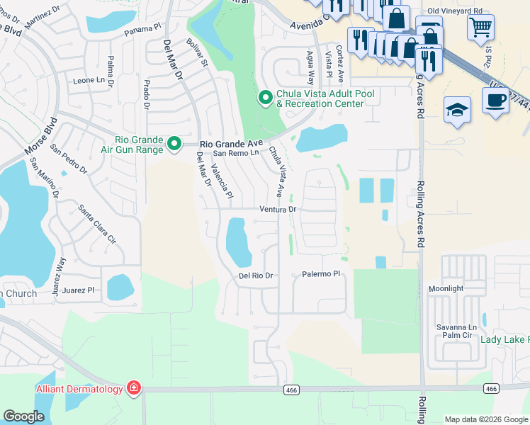 map of restaurants, bars, coffee shops, grocery stores, and more near 504 San Lorenzo Court in Lady Lake