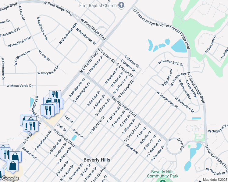 map of restaurants, bars, coffee shops, grocery stores, and more near 6 North Jefferson Street in Beverly Hills