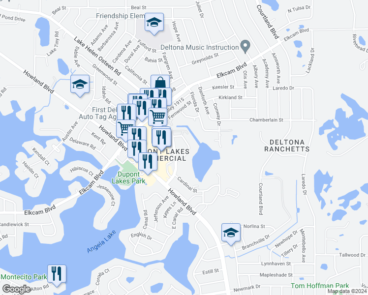 map of restaurants, bars, coffee shops, grocery stores, and more near 2160 Capri Circle in Deltona