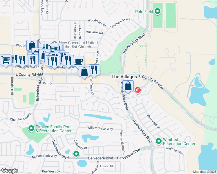 map of restaurants, bars, coffee shops, grocery stores, and more near 325 Belvedere Boulevard in The Villages