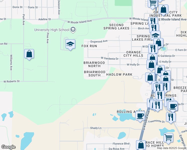 map of restaurants, bars, coffee shops, grocery stores, and more near 743 Briarcrest Drive in Orange City