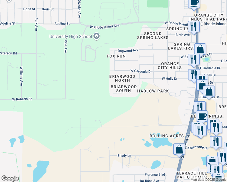 map of restaurants, bars, coffee shops, grocery stores, and more near 770 Briarcrest Drive in Orange City