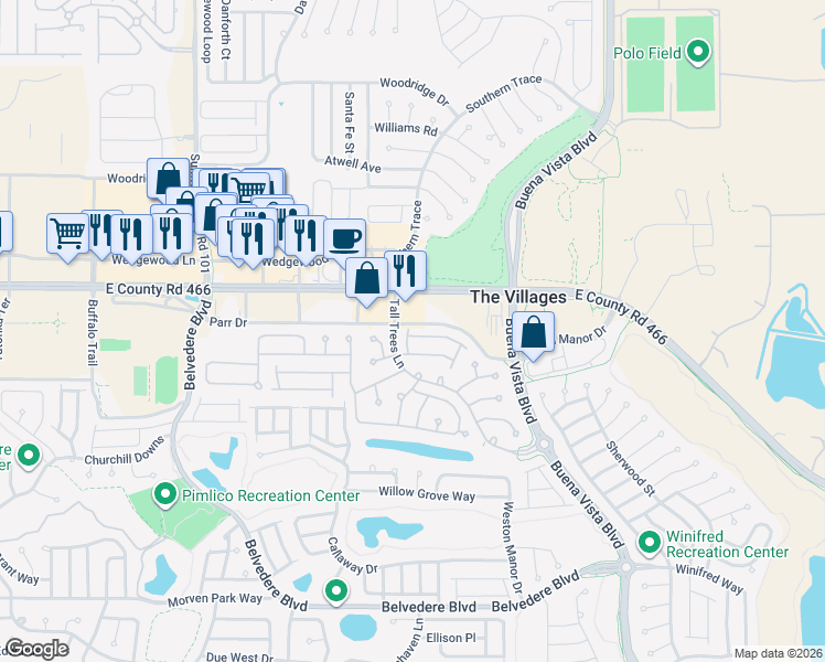 map of restaurants, bars, coffee shops, grocery stores, and more near 2177 Smoaks Street in The Villages