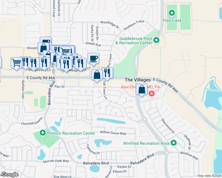 map of restaurants, bars, coffee shops, grocery stores, and more near 2177 Smoaks Street in The Villages
