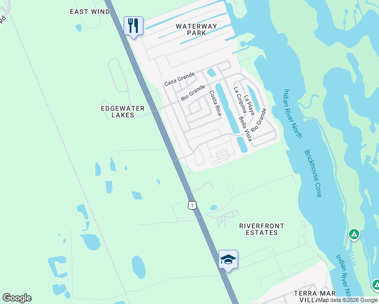 map of restaurants, bars, coffee shops, grocery stores, and more near 503 Casa Grande in Edgewater