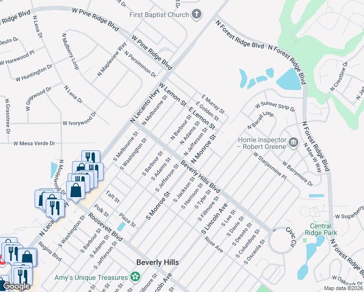 map of restaurants, bars, coffee shops, grocery stores, and more near 7 North Adams Street in Beverly Hills