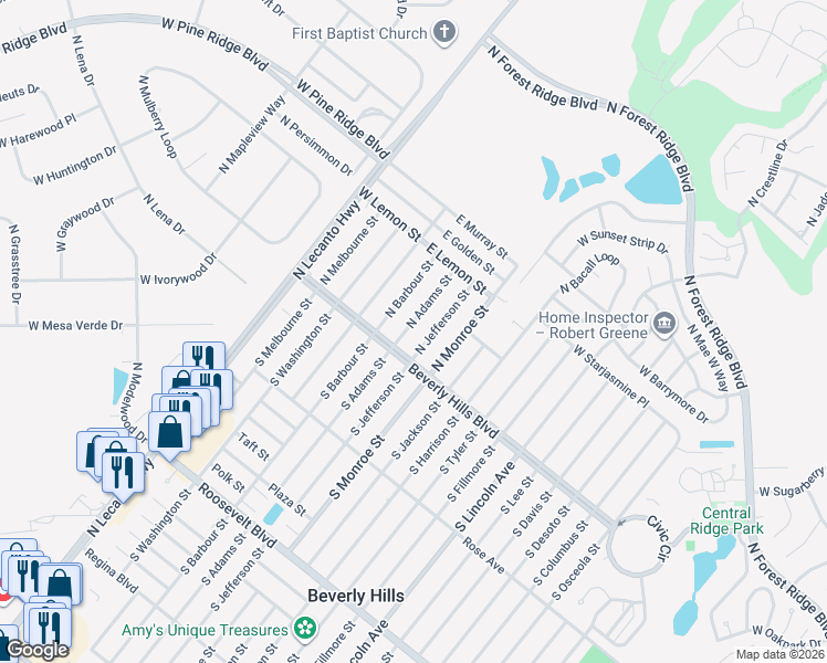 map of restaurants, bars, coffee shops, grocery stores, and more near 6 North Adams Street in Beverly Hills