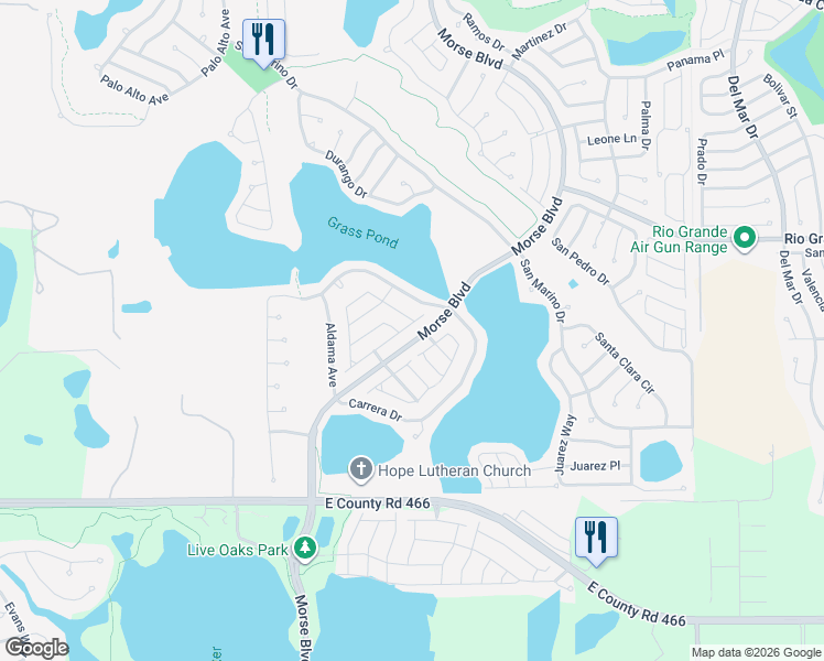 map of restaurants, bars, coffee shops, grocery stores, and more near 1708 Morelos Road in The Villages