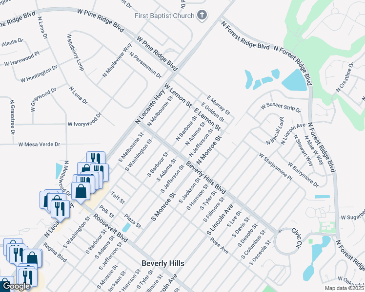 map of restaurants, bars, coffee shops, grocery stores, and more near 6 North Adams Street in Beverly Hills