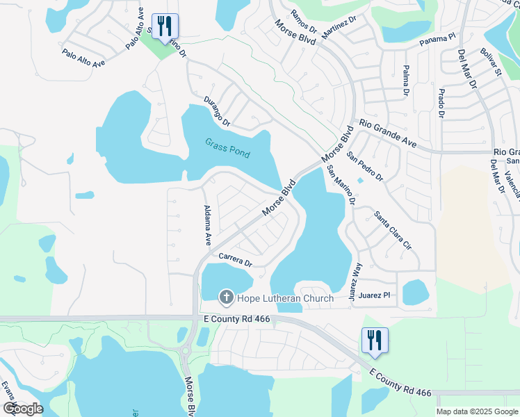 map of restaurants, bars, coffee shops, grocery stores, and more near 1708 Morelos Road in The Villages
