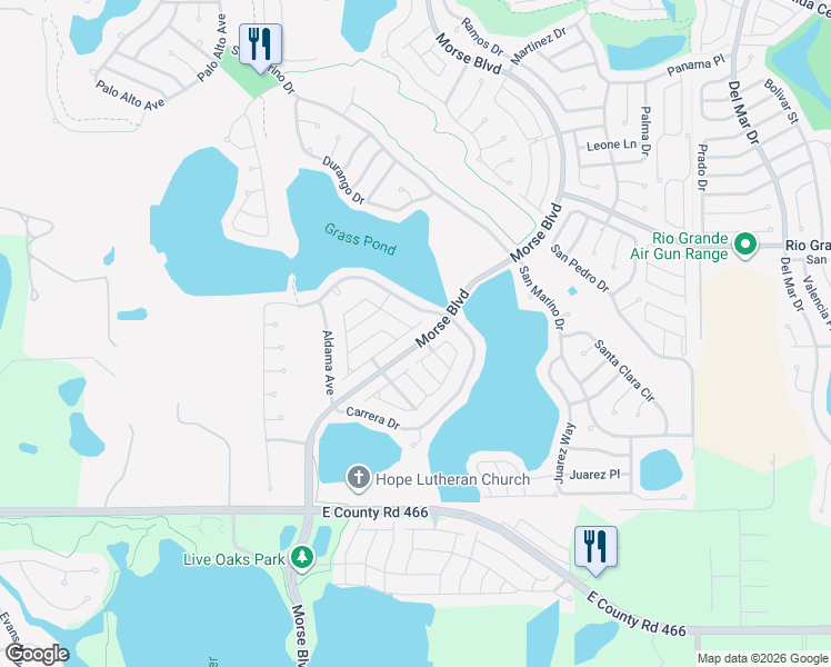 map of restaurants, bars, coffee shops, grocery stores, and more near 1708 Morelos Road in The Villages